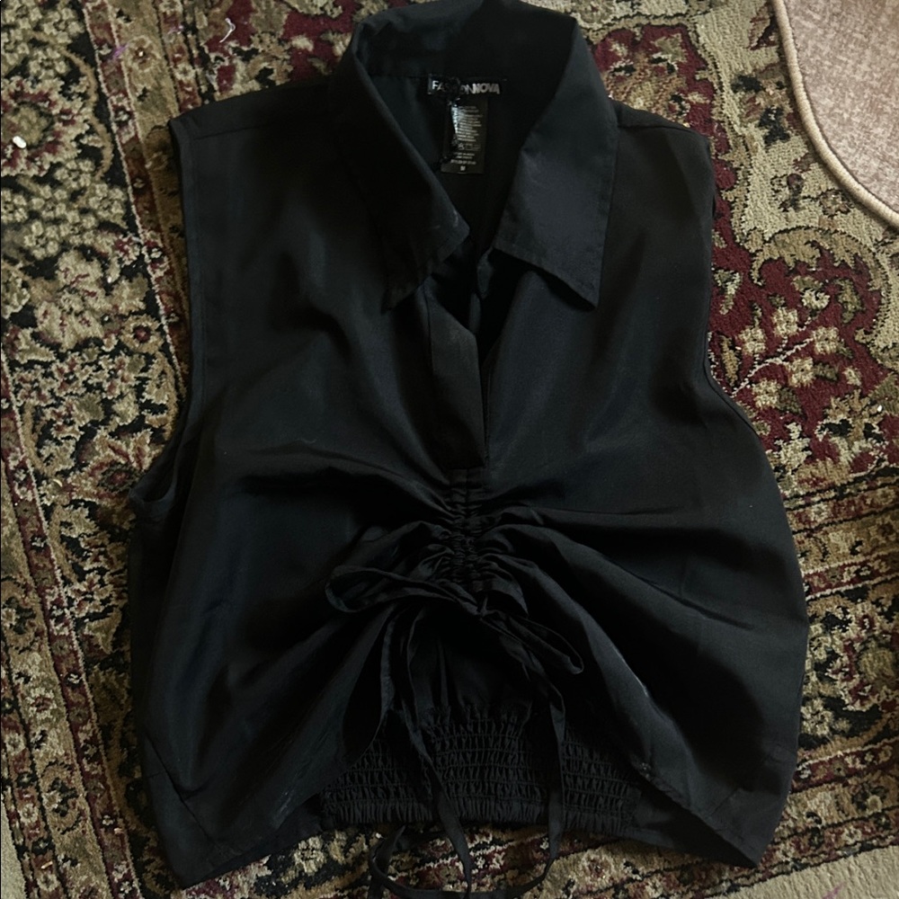 Fashion Nova Black Sleeveless Ruched Drawstring Tank